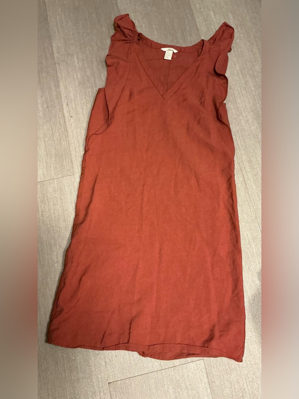 H&M Rust Linen Blend Shift Dress Flutter Sleeve Size 4